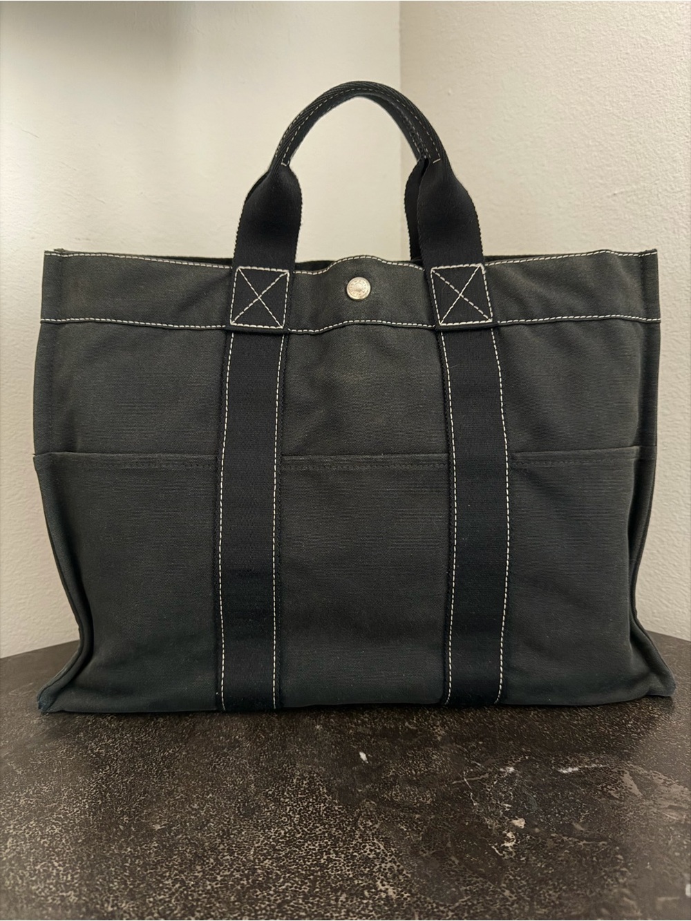 Hermes Black Canvas Tote with Contrast Stitching - Authentic Pre-Loved - Picture 2 of 16